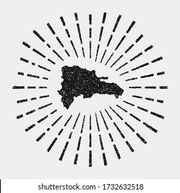 Vintage map of Dominicana. Grunge sunburst around the country. Black Dominicana shape with sun rays on white background. Vector illustration.