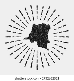 Vintage map of DR Congo with a grunge sunburst around the country. Black DR Congo shape with sun rays on a white background. Vector illustration.