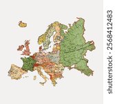 Vintage map of Europe, showcasing countries with historical borders. Europe map highlights regions, historical Europe map with detailed borders and countries. Vintage art, isolated vector element.