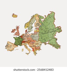 Vintage map of Europe, showcasing countries with historical borders. Europe map highlights regions, historical Europe map with detailed borders and countries. Vintage art, isolated vector element.