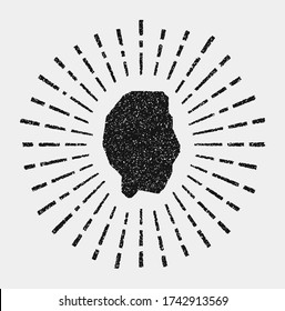 Vintage map of Gili Trawangan. Grunge sunburst around the island. Black Gili Trawangan shape with sun rays on white background. Vector illustration.