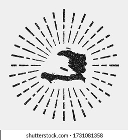 Vintage map of Haiti. Grunge sunburst around the country. Black Haiti shape with sun rays on white background. Vector illustration.