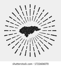 Vintage map of Honduras. Grunge sunburst around the country. Black Honduras shape with sun rays on white background. Vector illustration.