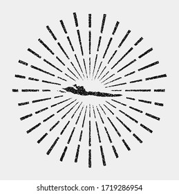 Vintage map of Hvar. Grunge sunburst around the island. Black Hvar shape with sun rays on white background. Vector illustration.