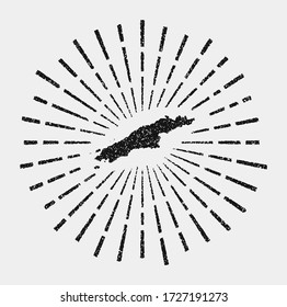 Vintage map of Hydra. Grunge sunburst around the island. Black Hydra shape with sun rays on white background. Vector illustration.