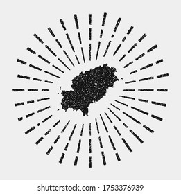 Vintage map of Ibiza. Grunge sunburst around the island. Black Ibiza shape with sun rays on white background. Vector illustration.