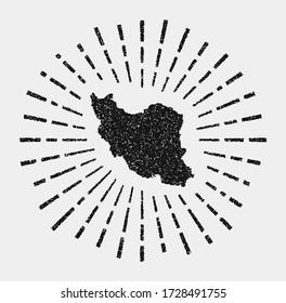 Vintage map of Iran. Grunge sunburst around the country. Black Iran shape with sun rays on white background. Vector illustration.