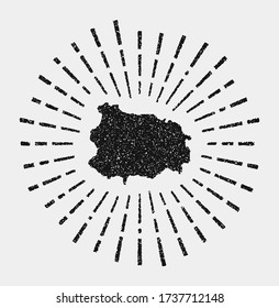 Vintage map of Ischia. Grunge sunburst around the island. Black Ischia shape with sun rays on white background. Vector illustration.