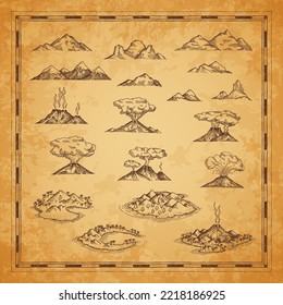 Vintage map islands, mountains and volcanoes sketches. Antique cartography vector elements of hand drawn fantasy islands surrounded by water, mountain peaks, erupted volcanoes with magma and smoke