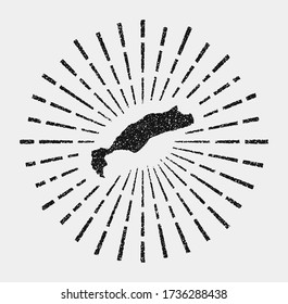 Vintage map of Kos. Grunge sunburst around the island. Black Kos shape with sun rays on white background. Vector illustration.
