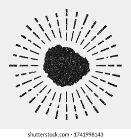 Mapa vintage de La Gomera. Estallido de sol en la isla. Forma de La Gomera negra con rayos solares sobre fondo blanco. Ilustración vectorial.
