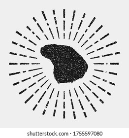 Vintage map of Lanai. Grunge sunburst around the island. Black Lanai shape with sun rays on white background. Vector illustration.