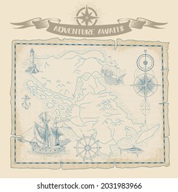 Vintage map of marine navigation. Hand-drawn sailboats, sunken ships, map, wind rose, anchor, steering wheel, compass.