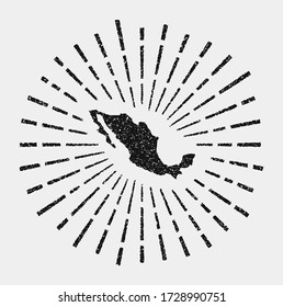 Vintage map of Mexico. Grunge sunburst around the country. Black Mexico shape with sun rays on white background. Vector illustration.