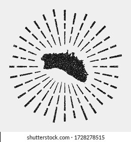 Vintage map of Minorca. Grunge sunburst around the island. Black Minorca shape with sun rays on white background. Vector illustration.