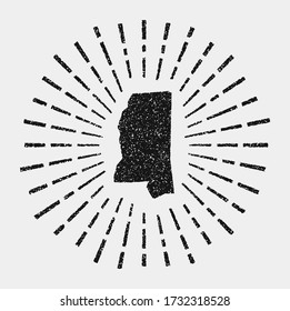 Vintage map of Mississippi. Grunge sunburst around the US state. Black Mississippi shape with sun rays on white background. Vector illustration.