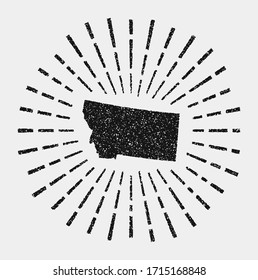 Vintage map of Montana. Grunge sunburst around the us state. Black Montana shape with sun rays on white background. Vector illustration.