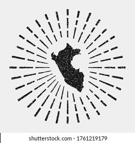 Vintage map of Peru. Grunge sunburst around the country. Black Peru shape with sun rays on white background. Vector illustration.