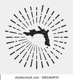 Vintage map of Peter Island. Grunge sunburst around the island. Black Peter border shape with sun rays on white background. Vector illustration.