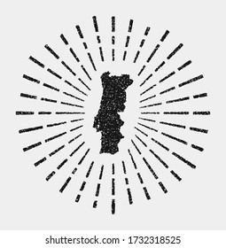 Vintage map of Portugal. Grunge sunburst around the country. Black Portugal shape with sun rays on white background. Vector illustration.