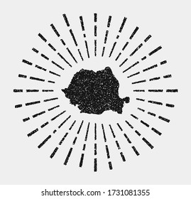 Vintage map of Romania. Grunge sunburst around the country. Black Romania shape with sun rays on white background. Vector illustration.