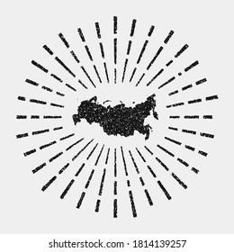 Vintage map of Russia. Grunge sunburst around the country. Black Russia shape with sun rays on white background. Vector illustration.