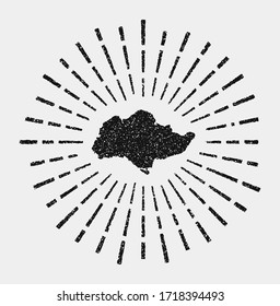 Vintage map of Sentosa. Grunge sunburst around the island. Black Sentosa shape with sun rays on white background. Vector illustration.