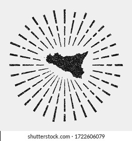 Vintage map of Sicilia. Grunge sunburst around the island. Black Sicilia shape with sun rays on white background. Vector illustration.