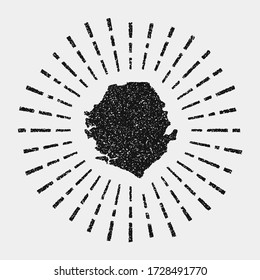 Vintage map of Sierra Leone. Grunge sunburst around the country. Black Sierra Leone shape with sun rays on white background. Vector illustration.