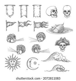 Vintage Map Sketch Elements. Sun And Moon, Wind, Tsunami And Water Wave, Skull And Pennant. Ancient Cartography Hand Drawn Vector Decoration, Sailing Or Treasure Hunting Map Pirate Skull, Sinking Ship