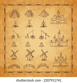 Vintage map sketches of castle, pyramid, bridge and windmill, tomb, wells and wigwams. Vector antique cartography elements on old paper or parchment, medieval treasure map and adventure theme