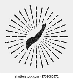 Vintage map of Somalia. Grunge sunburst around the country. Black Somalia shape with sun rays on white background. Vector illustration.