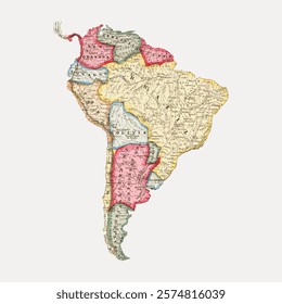 Vintage map of South America with colorful borders. South America regions, South America countries, and South America geography depicted in detail. Vintage art drawing, isolated vector element.