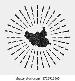 Vintage map of South Sudan. Grunge sunburst around the country. Black South Sudan shape with sun rays on white background. Vector illustration.