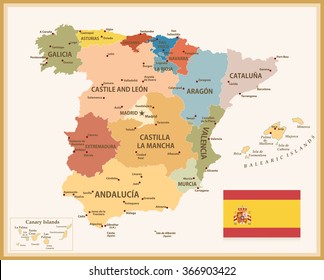 Vintage Map of Spain with flag. Highly detailed vector illustration.