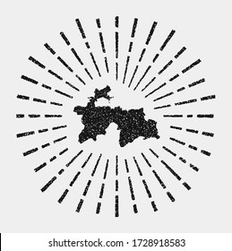 Vintage map of Tajikistan. Grunge sunburst around the country. Black Tajikistan shape with sun rays on white background. Vector illustration.