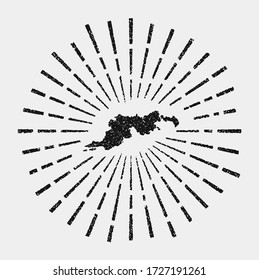 Vintage map of Tortola. Grunge sunburst around the island. Black Tortola shape with sun rays on white background. Vector illustration.