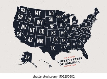 Vintage map of United States of America 50 states vector map isolated on light background.