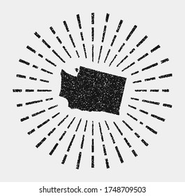 Vintage map of Washington. Grunge sunburst around the US state. Black Washington shape with sun rays on white background. Vector illustration.