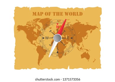 Vintage map of the world and magnetic compass. Vector illustration.