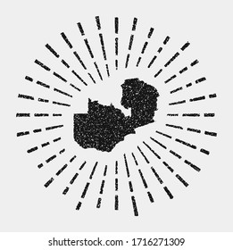 Mapa de época de Zambia. Desgarró el sol por todo el país. Forma de Zambia negra con rayos solares en fondo blanco. Ilustración vectorial.