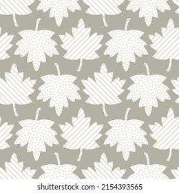 Vintage maple leaf geometric textured pattern. Abstract vector white leaf pattern on beige background.