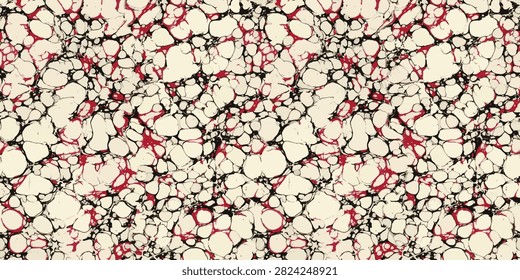 Vintage marbled paper seamless pattern with organic cell texture, ebru paper effect in red, black, and cream tones for bookbinding, packaging, and background.