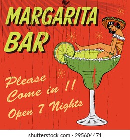 Vintage Margarita Bar Sign, Illustration of Mexican woman in a margarita glass