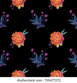 Vintage marigold and embroidery branch seamless pattern. Bright traditional illustration on black background for fabric design in watercolor style.