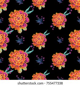 Vintage marigold and embroidery branch seamless pattern. Bright traditional illustration on black background for fabric design in watercolor style.