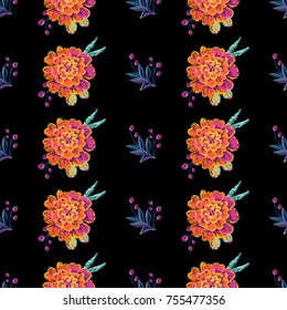 Vintage marigold and embroidery branch seamless pattern. Bright traditional illustration on black background for fabric design in watercolor style.