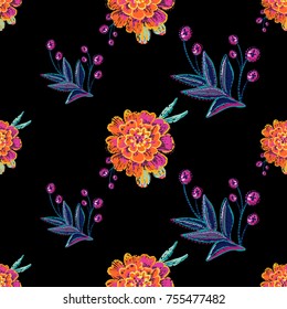 Vintage marigold and embroidery branch seamless pattern. Bright traditional illustration on black background for fabric design in watercolor style.
