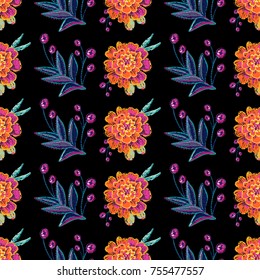 Vintage marigold and embroidery branch seamless pattern. Bright traditional illustration on black background for fabric design in watercolor style.