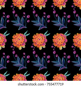 Vintage marigold and embroidery branch seamless pattern. Bright traditional illustration on black background for fabric design in watercolor style.